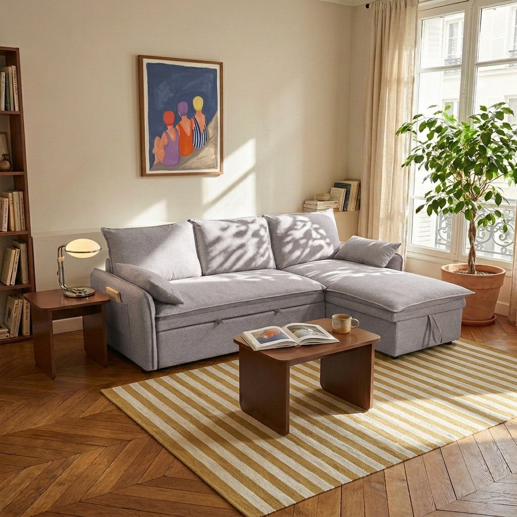 Canapé d'angle convertible et réversible 4 places tissu beige L221