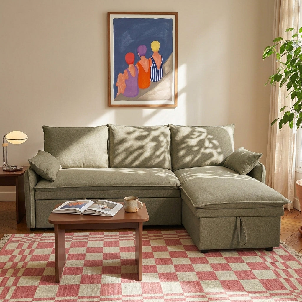 Canapé d'angle convertible et réversible 4 places tissu vert L221