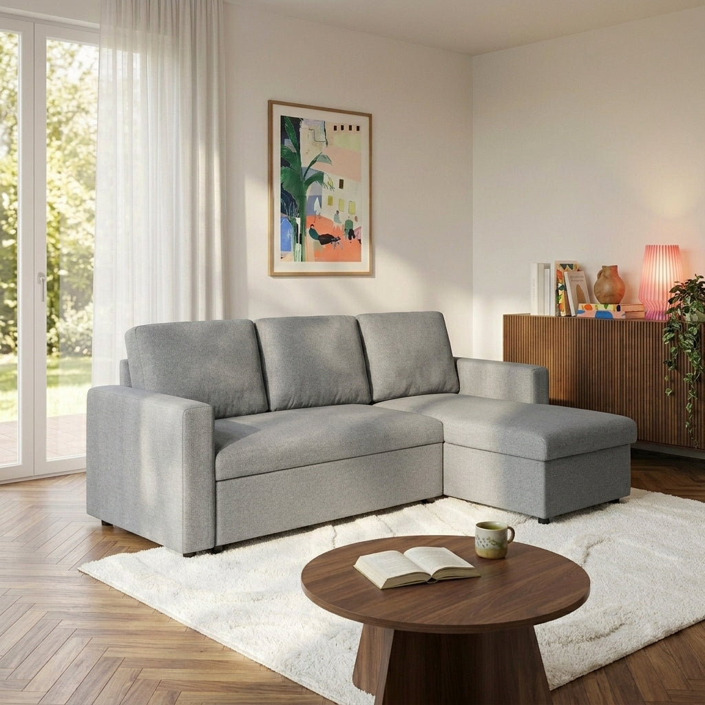 Canapé d'angle convertible et réversible 4 places tissu gris