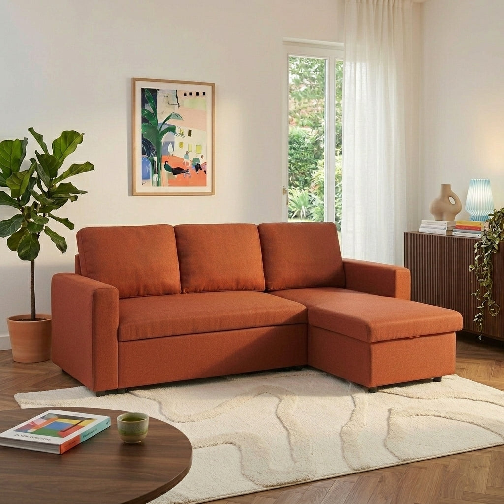 Canapé d'angle convertible et réversible 4 places tissu terracotta L220