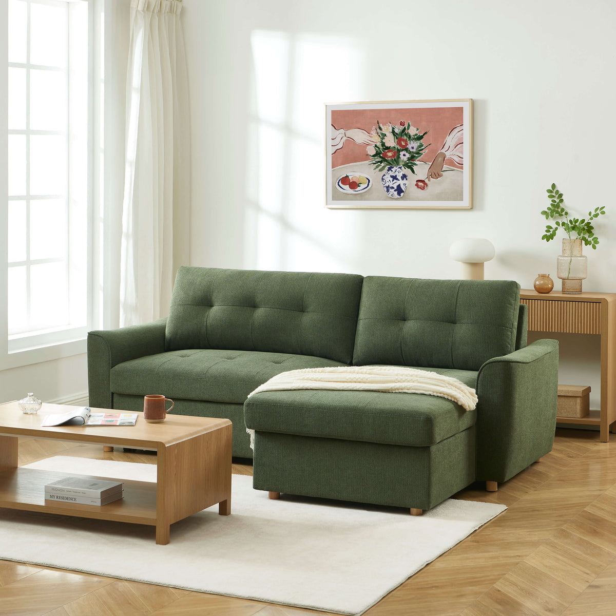 Canapé d'angle convertible et réversible 4 places tissu texturé vert L228