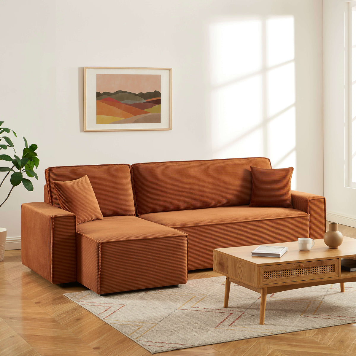 Canapé d'angle convertible et réversible 4 places velours côtelé terracotta L251