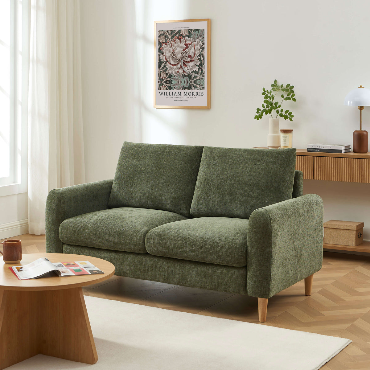 Canapé droit fixe 2 places tissu chenille vert