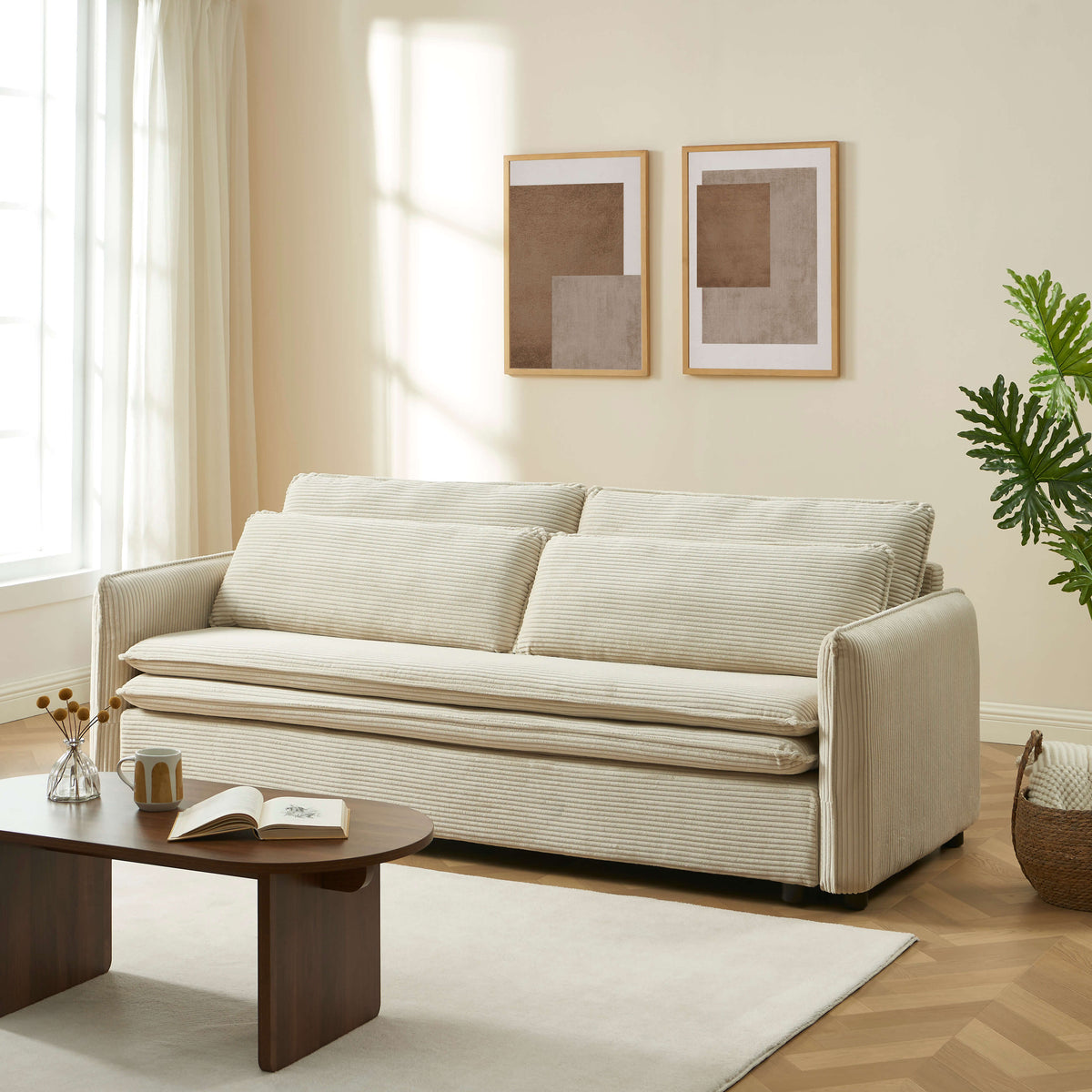 Canapé droit convertible 3 places velours côtelé beige L215