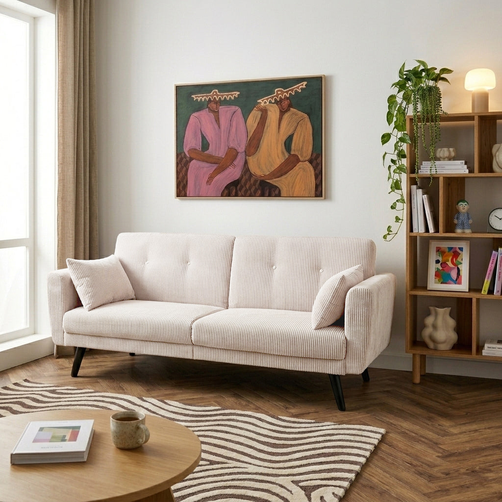 Canapé droit convertible 3 places velours côtelé beige L208