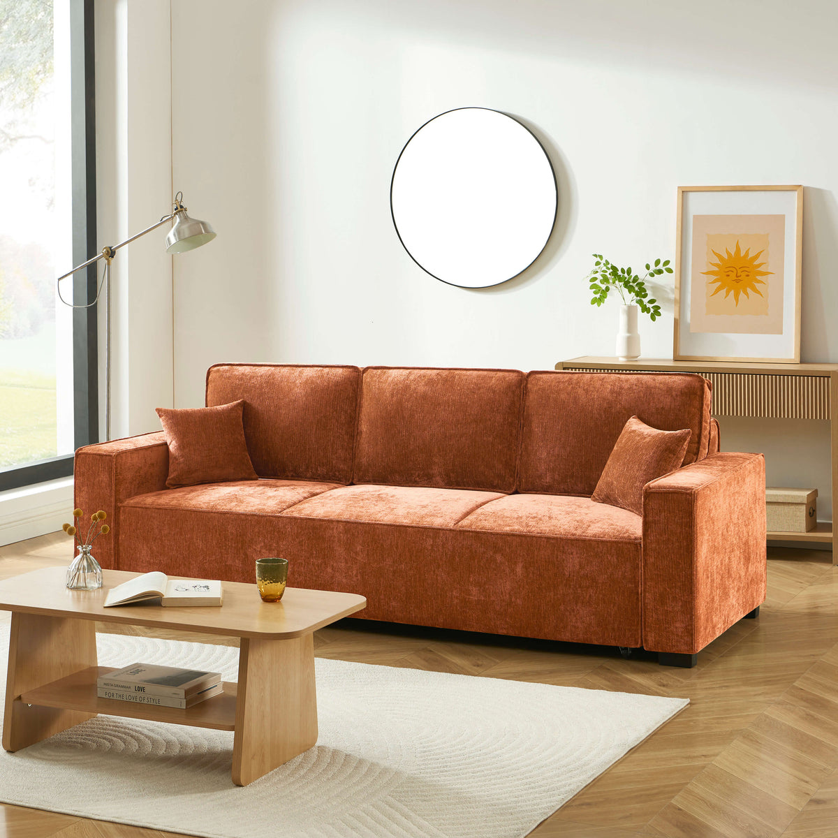 Canapé droit convertible 3 places tissu terracotta L228 x P91