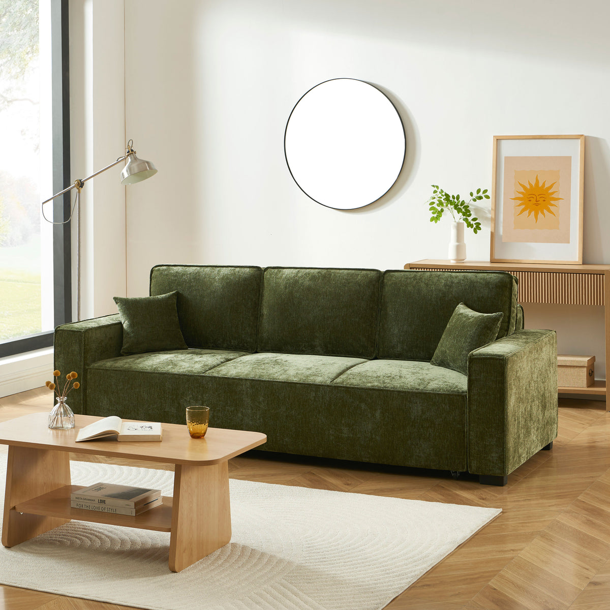 Canapé droit convertible 3 places tissu vert L228 x P91