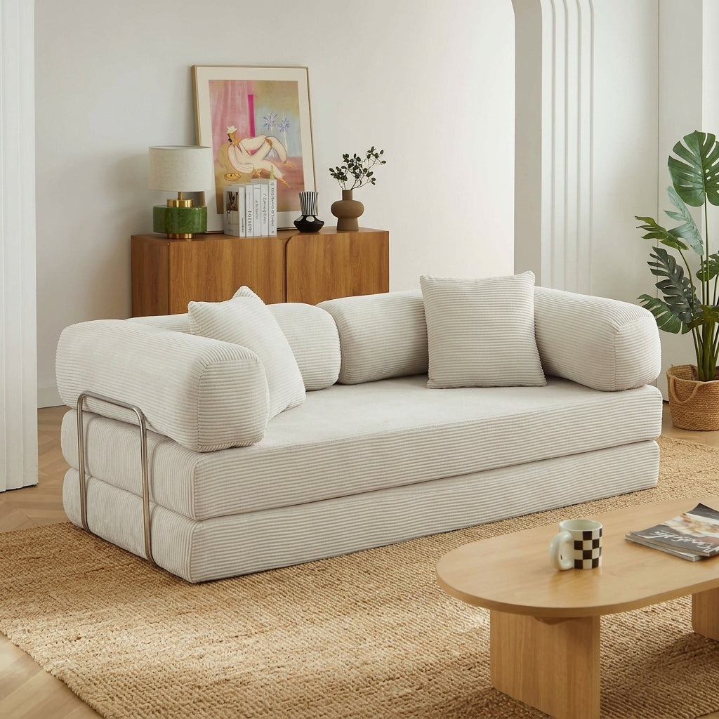Canapé droit convertible et compressé déplimousse 3 places velours côtelé beige
