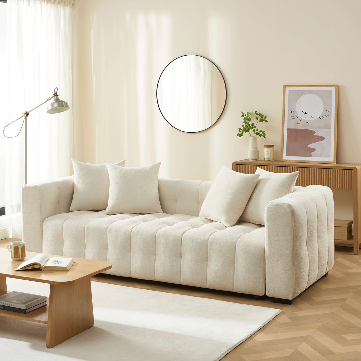 Canapé droit convertible 3 places tissu beige L240