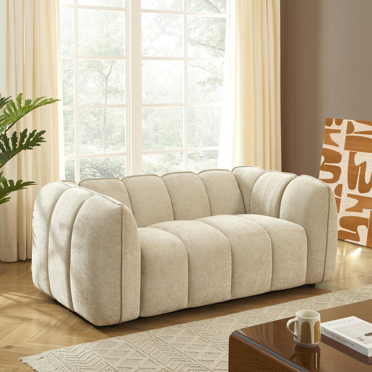 Canapé droit 2 places tissu chenille beige