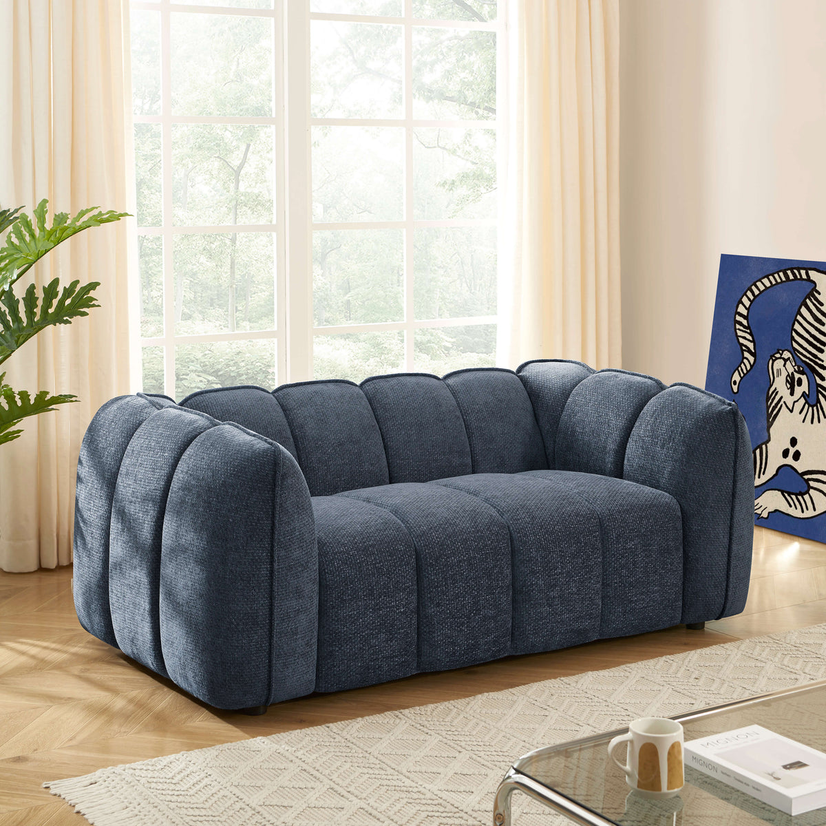 Canapé droit 2 places tissu chenille bleu