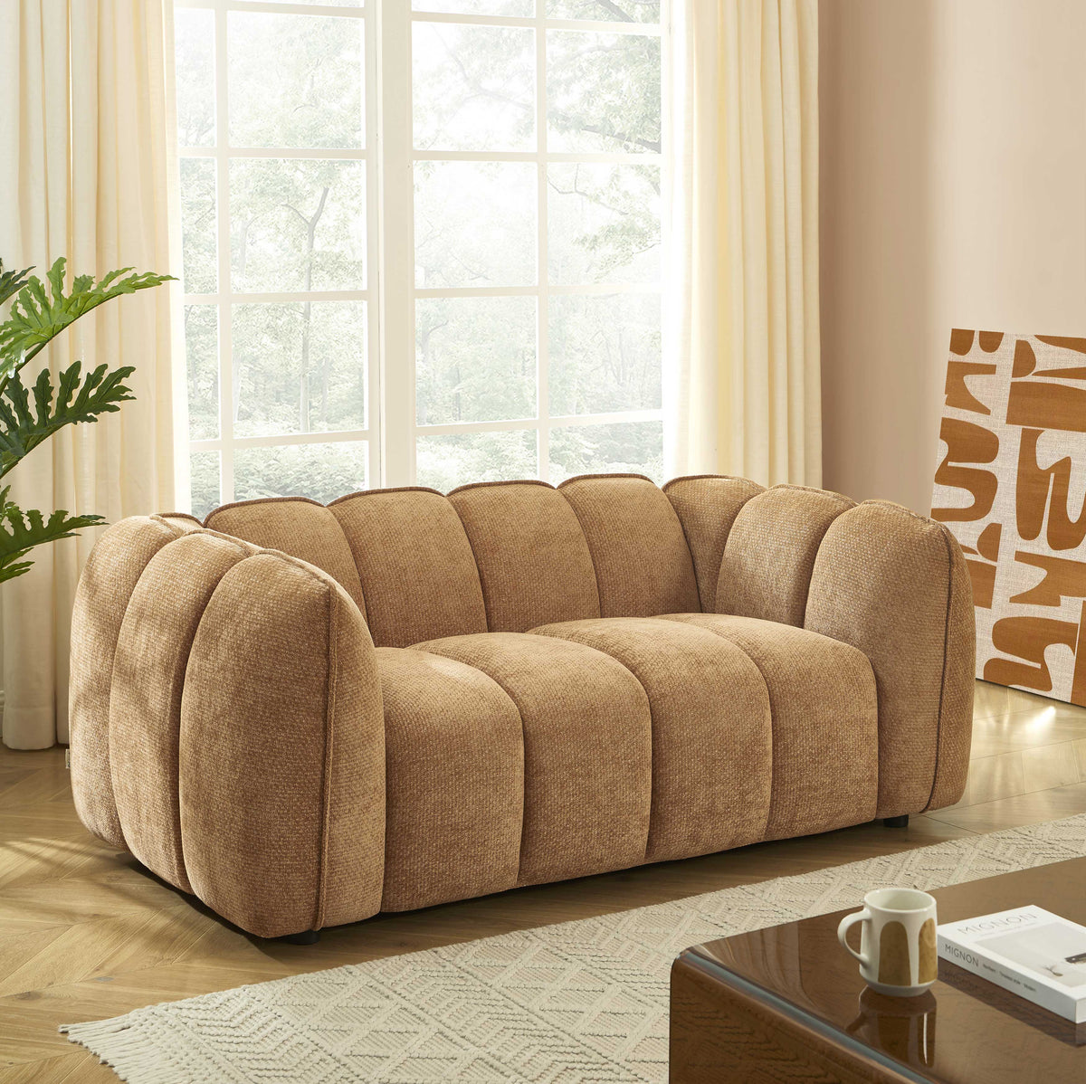 Canapé droit 2 places tissu chenille camel