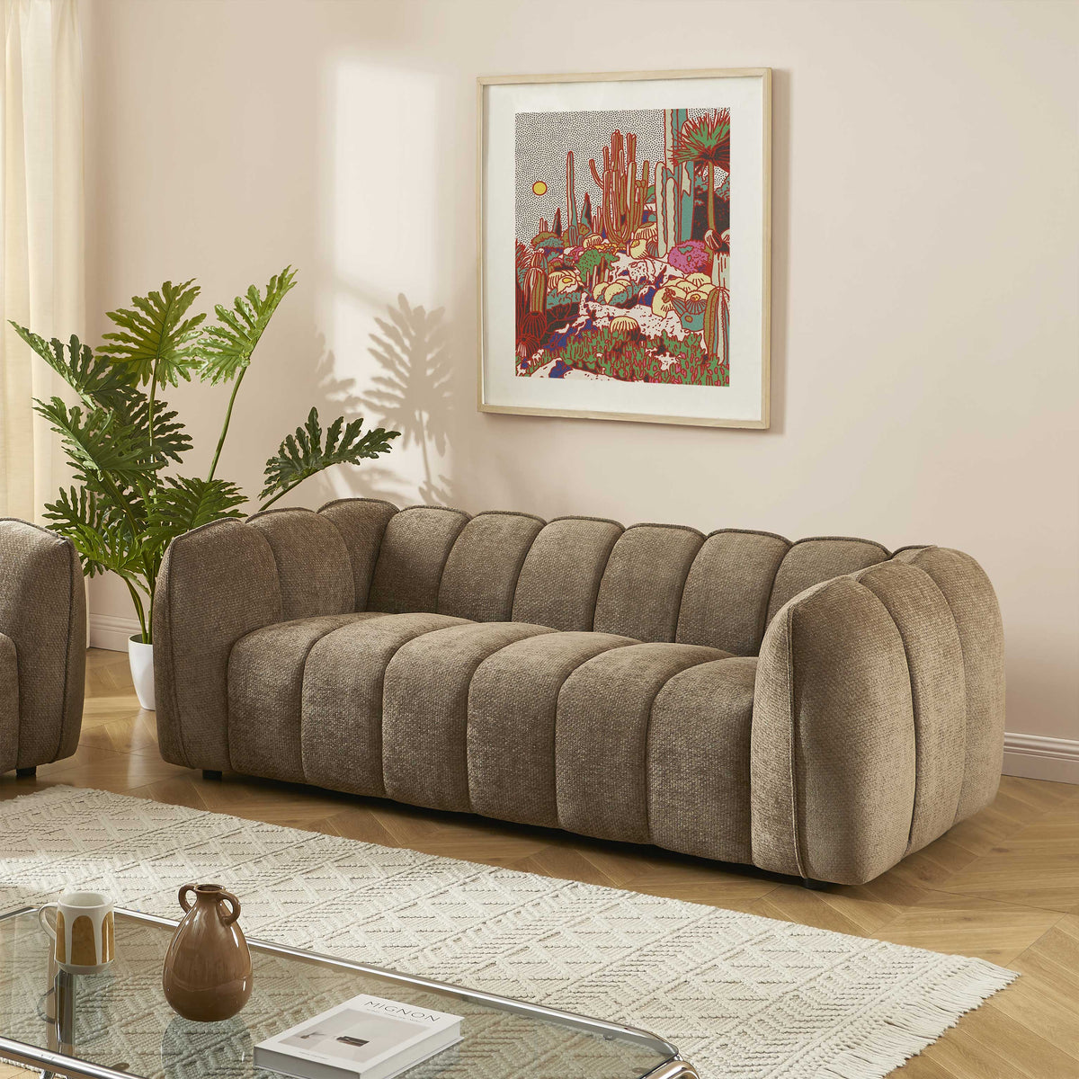 Canapé droit 3 places tissu chenille marron