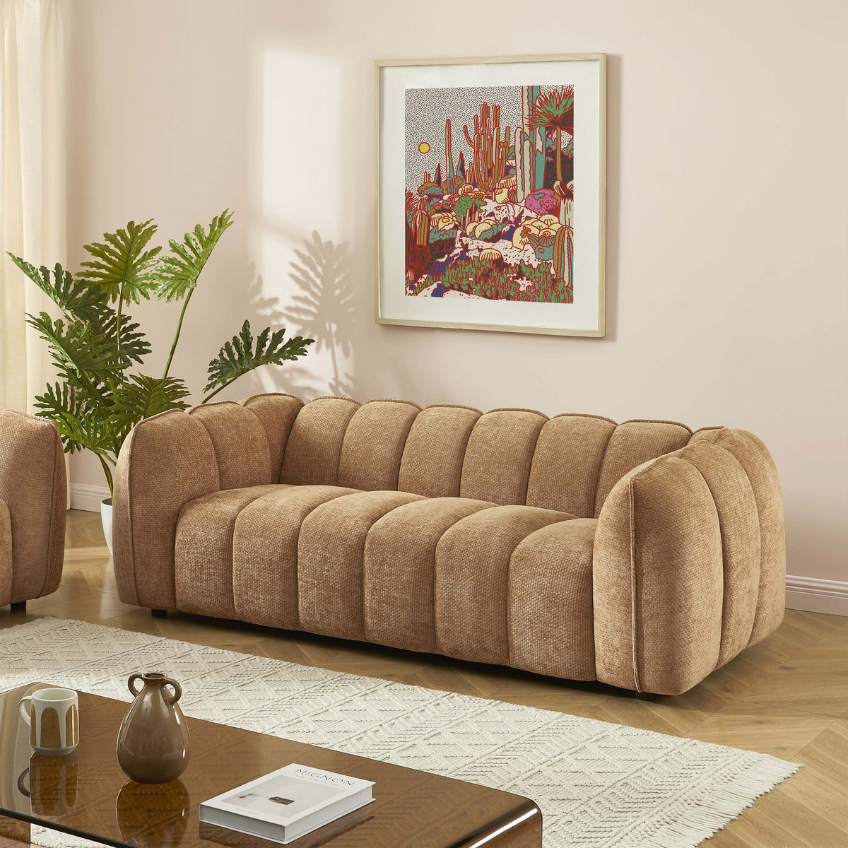 Canapé droit 3 places tissu chenille camel