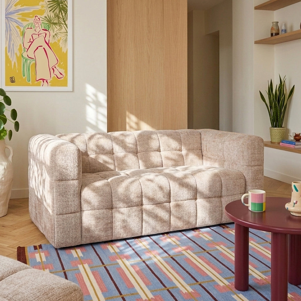 Canapé droit fixe 2 places tissu texturé beige