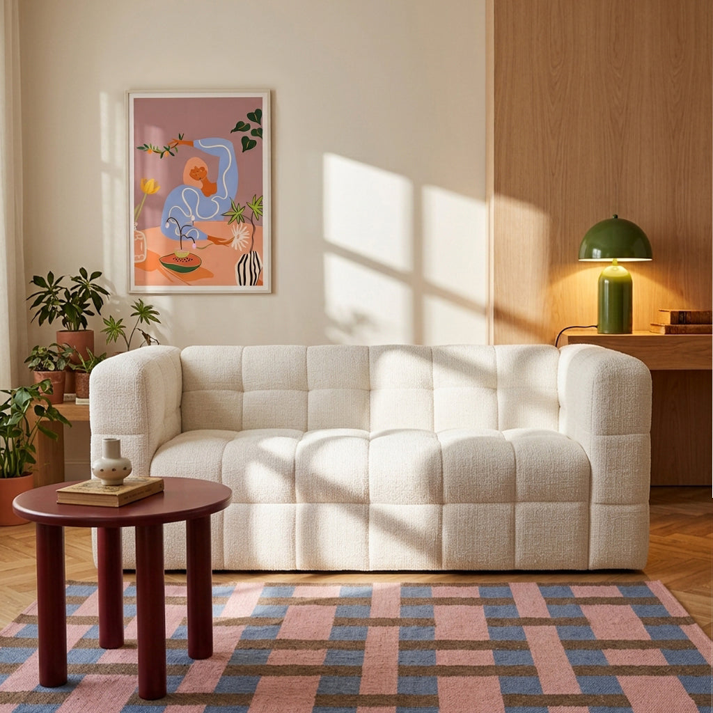 Canapé droit fixe 2 places tissu texturé crème