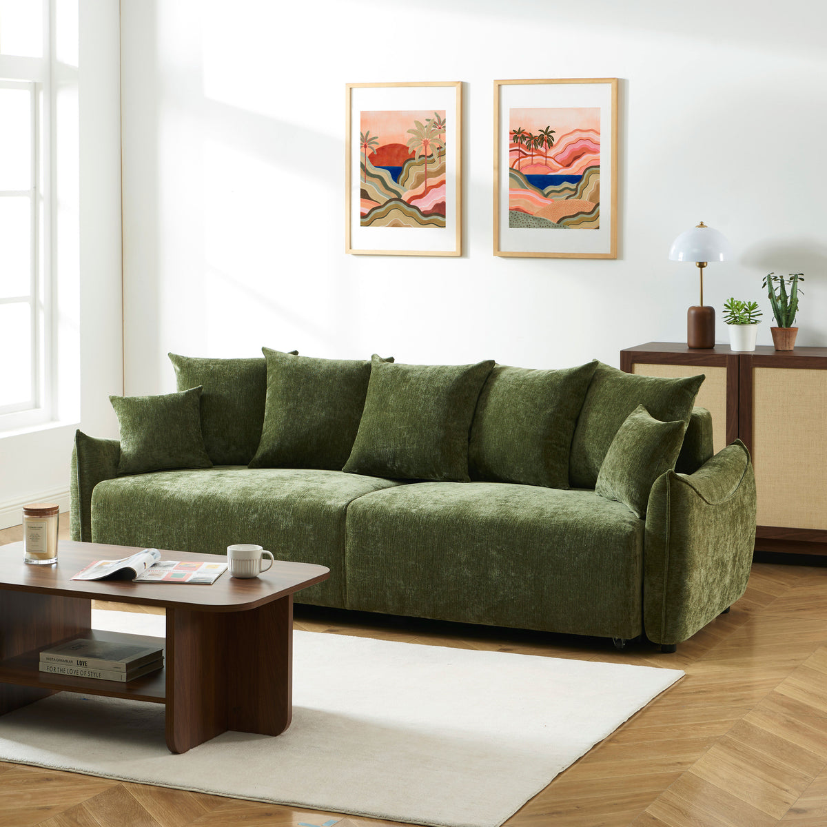 Canapé droit convertible 3 places tissu vert L228 x P96