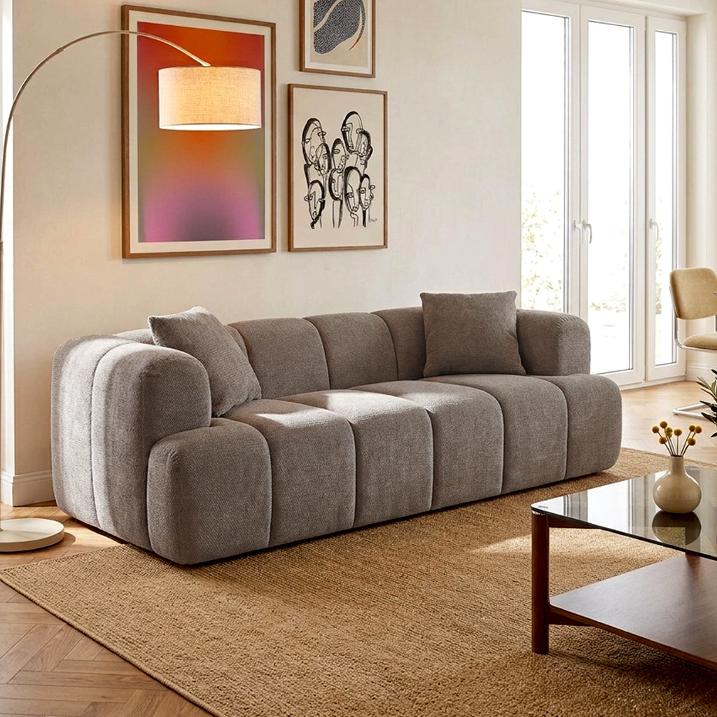 Canapé droit compressé 3 places tissu chenille taupe