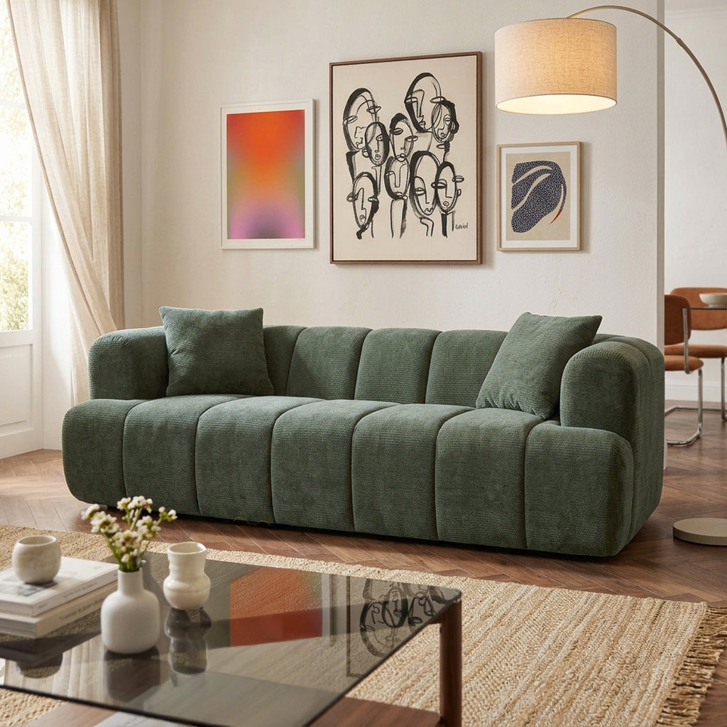 Canapé droit compressé 3 places tissu chenille vert