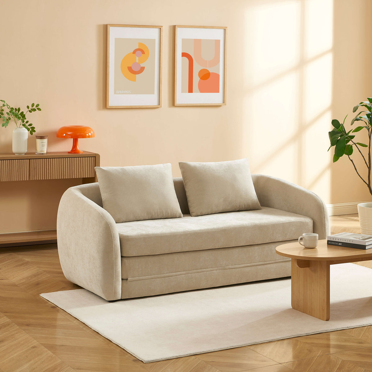 Canapé droit déplimousse 2 places tissu chenille beige