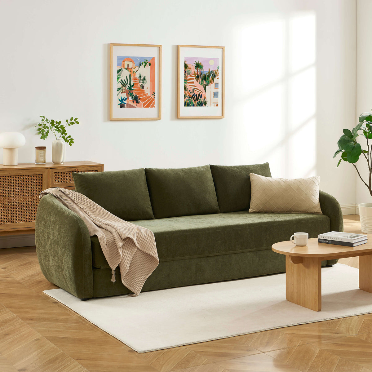Canapé droit déplimousse 3 places tissu chenille vert