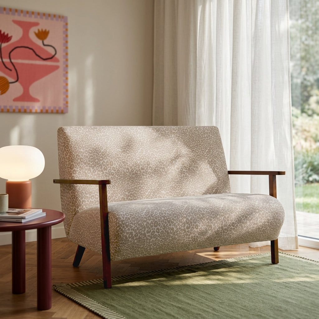 Canapé droit fixe 2 places tissu léopard beige