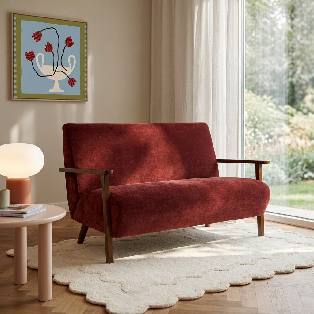 Canapé droit fixe 2 places tissu rouge