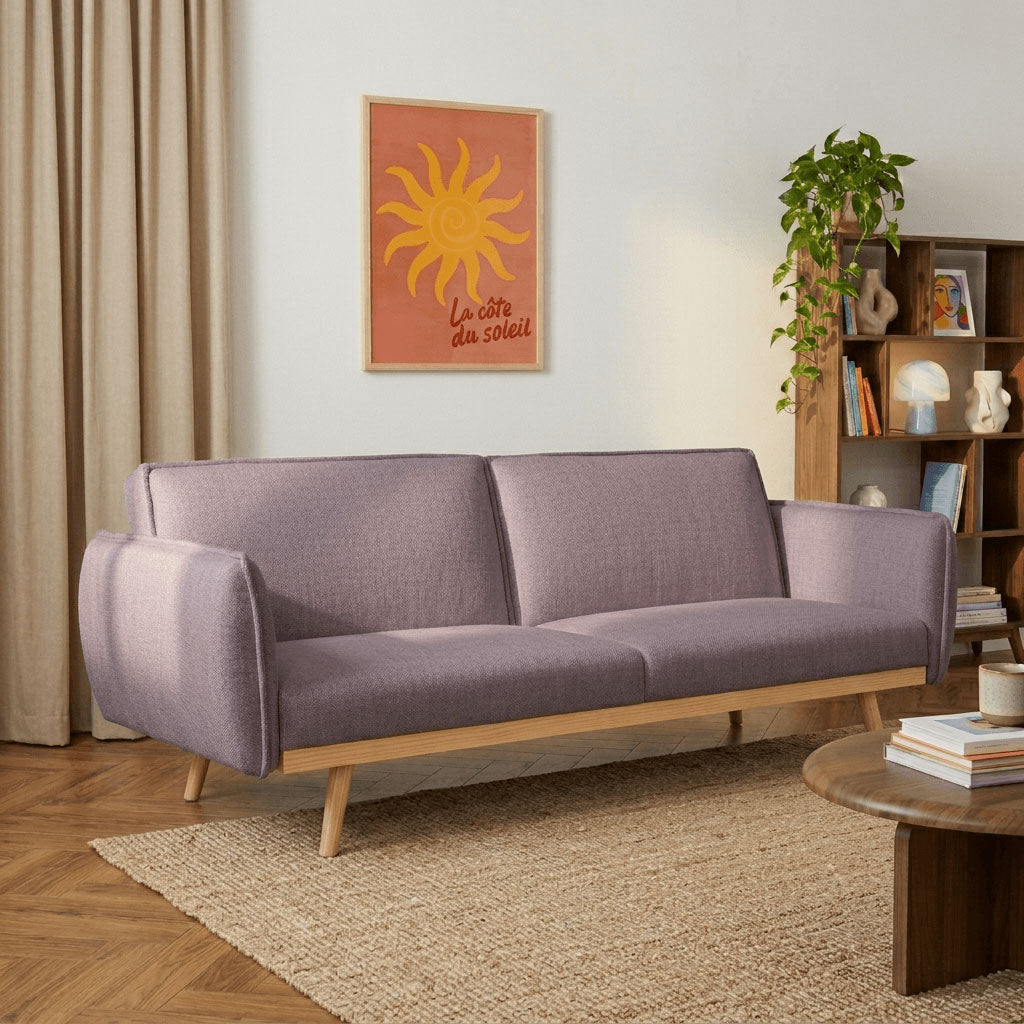 Canapé droit convertible 3 places tissu mauve