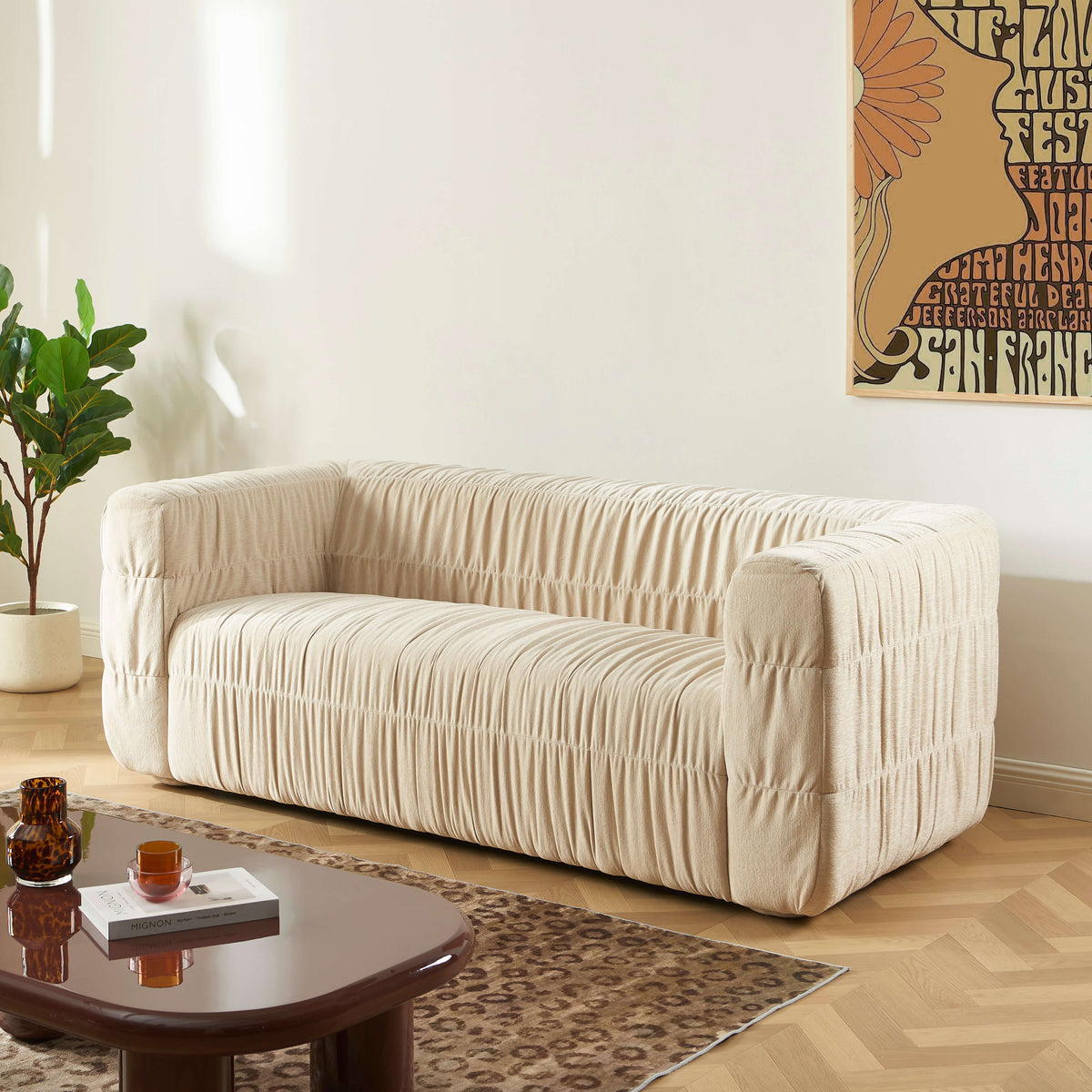 Canapé 3 places velours plissé épais beige