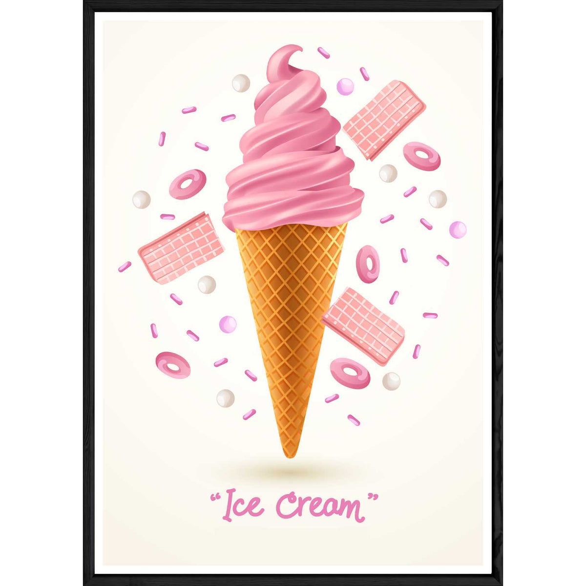 Tableau SUNDAE rose avec cadre noir POP – Taille 32x42