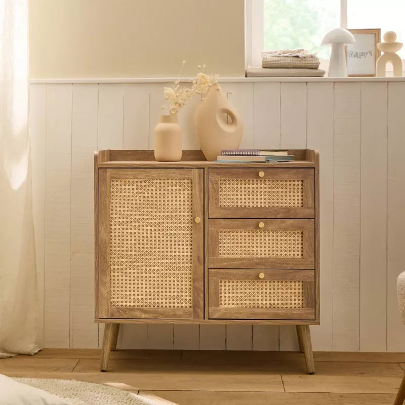 Commode 1 porte 3 tiroirs avec façades en rotin et pieds en bois L80