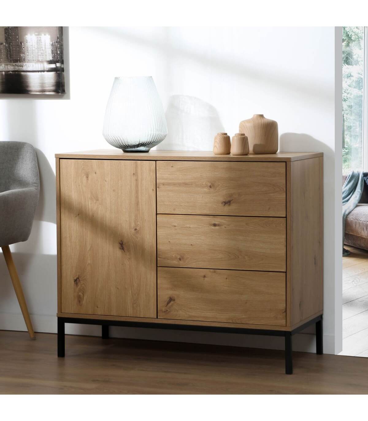 Commode 1 Porte 3 Tiroirs bois - L90 x H80 cm