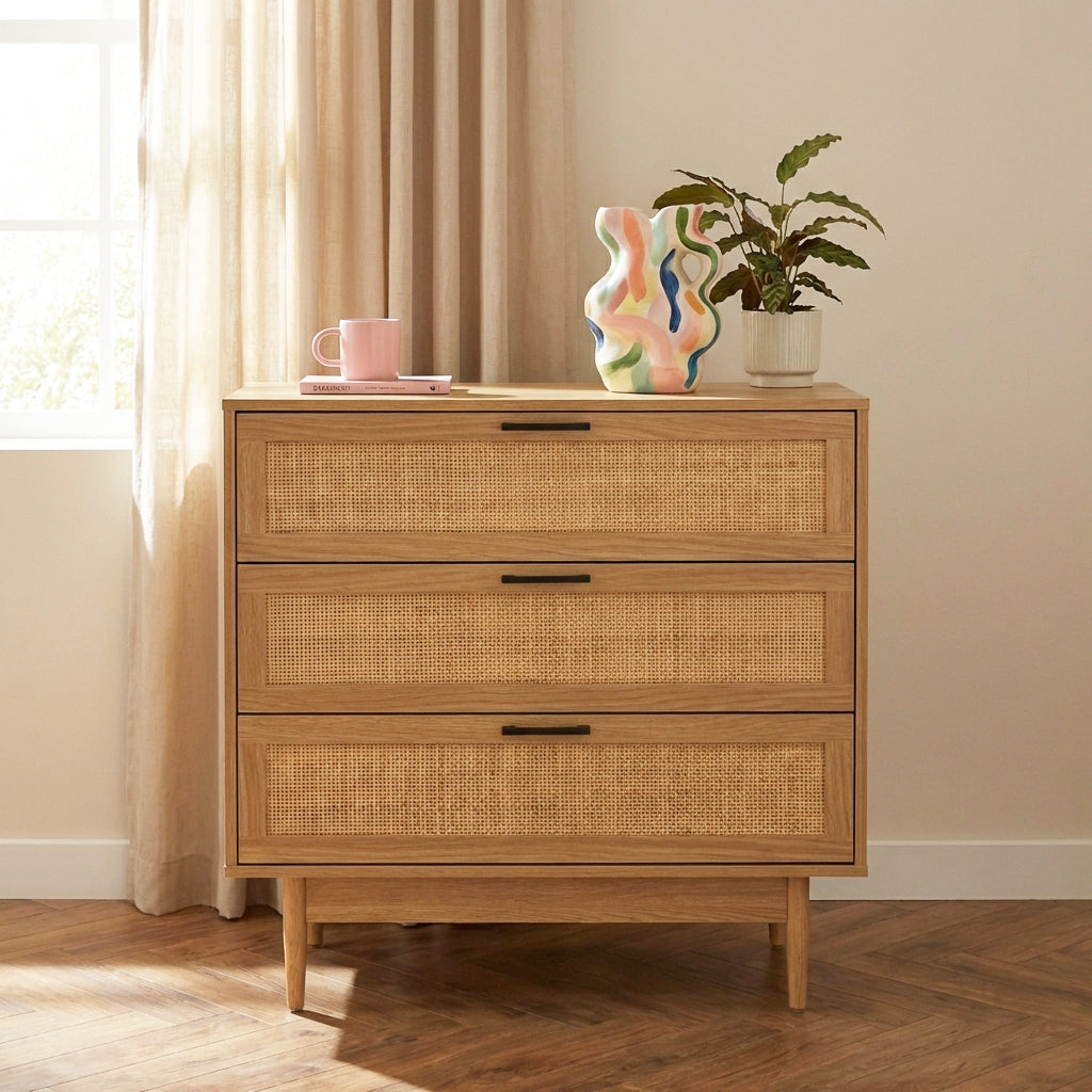 Commode 3 tiroirs effet chêne et cannage rotin 80 cm