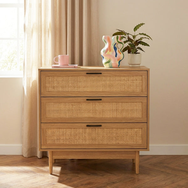 Commode 3 tiroirs effet chêne et cannage rotin 80 cm