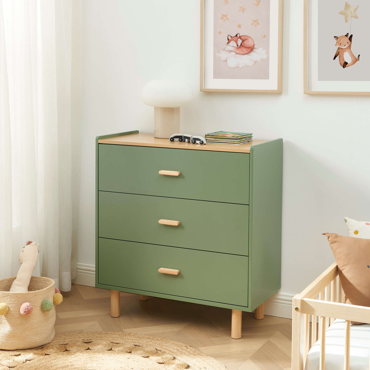 Commode enfant 3 tiroirs vert et effet chêne 80 cm