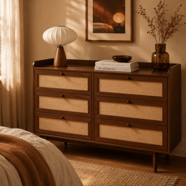 Commode en placage noyer foncé avec façades en cannage, 6 tiroirs
