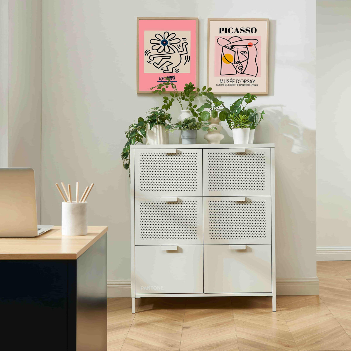 Commode 6 tiroirs métal beige sable 90 cm