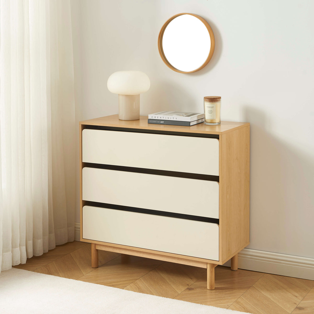 Commode 3 tiroirs beige et effet chêne 90 cm