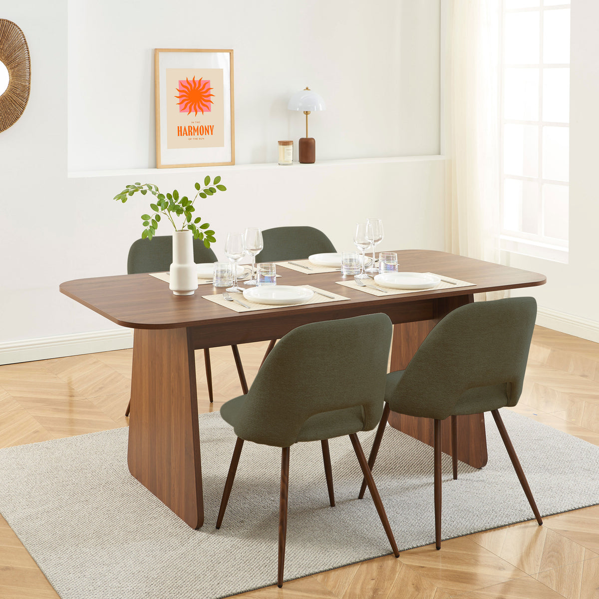 Ensemble repas table à manger effet noyer et 4 chaises tissu vert pieds effet noyer