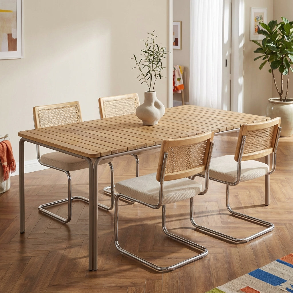Ensemble repas table bois d'acacia FSC 160 cm et lot de 4 chaises cannage velours côtelé écru