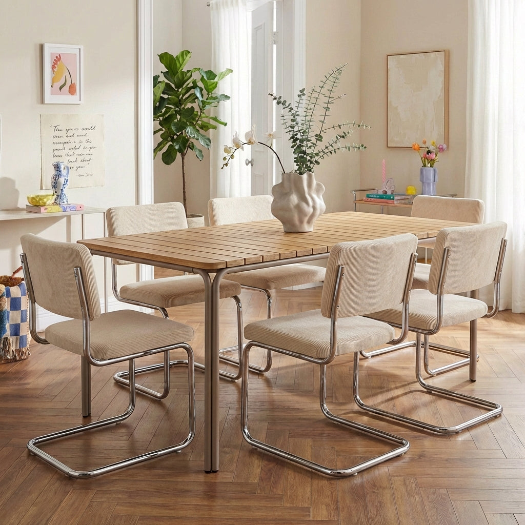 Ensemble repas table bois d'acacia FSC 200 cm et lot de 6 chaises vintage velours côtelé écru