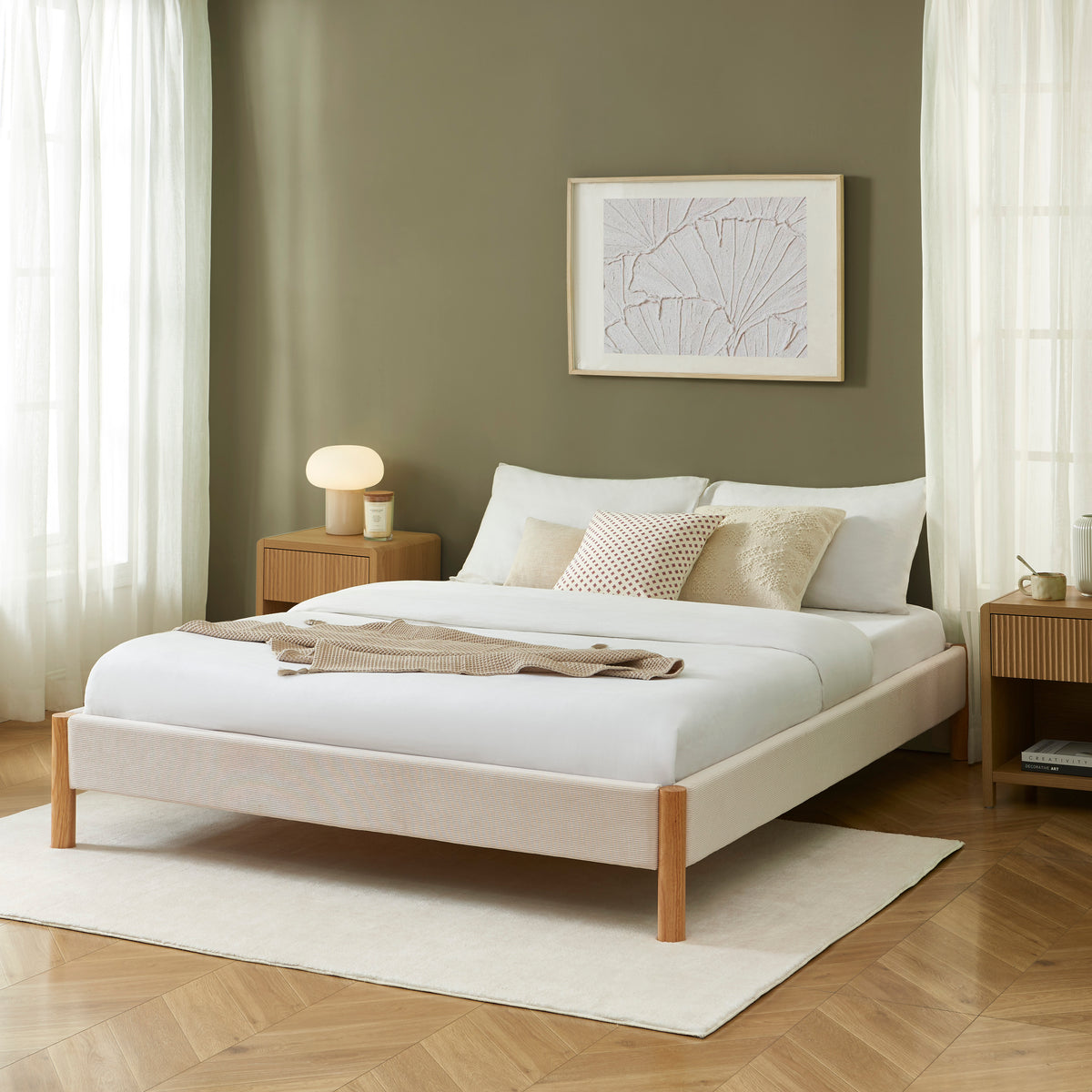 Lit velours côtelé beige 160x200 sommier inclus