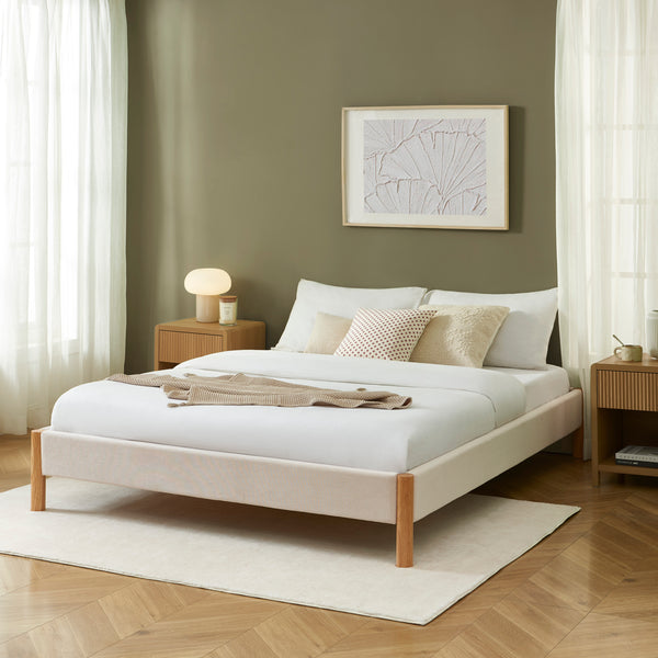 Lit velours côtelé beige 160x200 sommier inclus