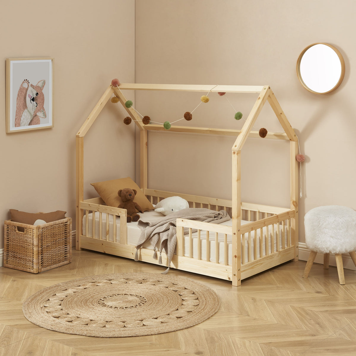 Lit cabane avec barrières 70x140 pin massif sommier inclus