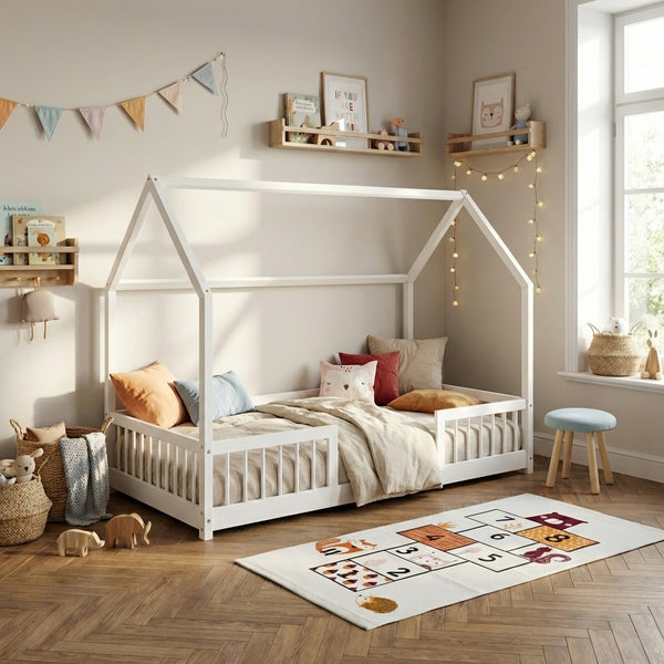 Lit cabane avec barrières 90x190 cm pin massif blanc sommier inclus