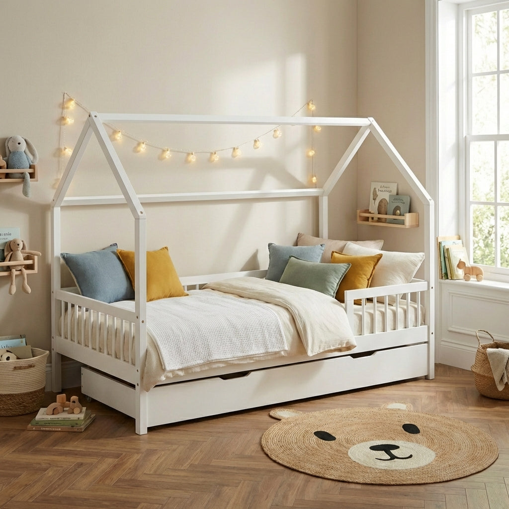 Lit cabane avec barrières 90x190 cm pin massif blanc sommier + tiroir inclus