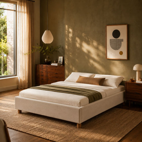 Lit coffre 160x200 en tissu effet lin beige avec sommier