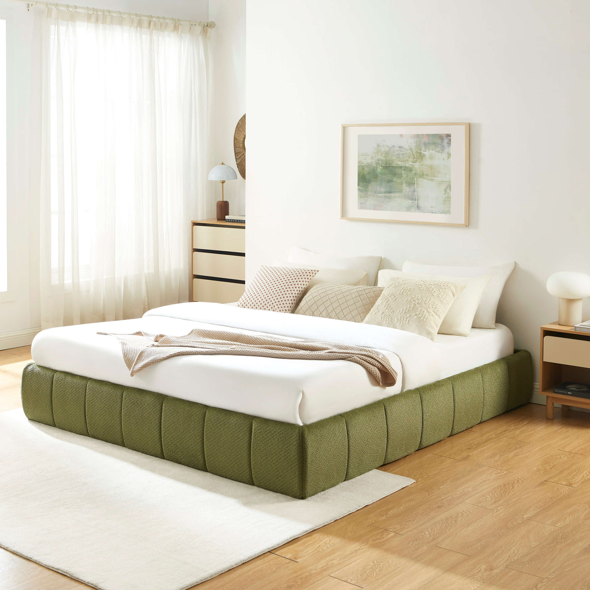 Lit coffre tissu chenille vert 180x200 sommier inclus