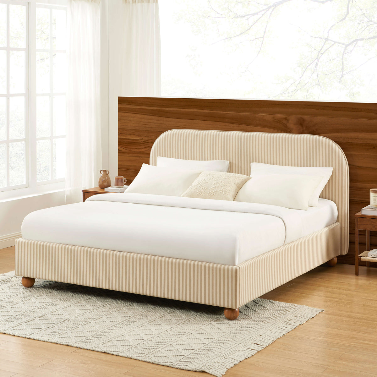 Lit coffre 180x200 tissu rayé beige et écru sommier inclus