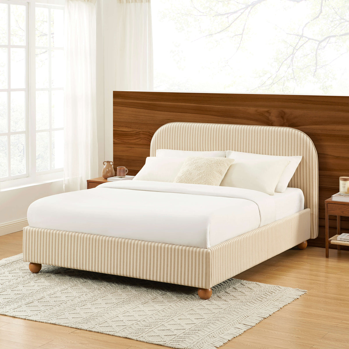 Lit coffre tissu rayé beige et écru 160x200 sommier inclus